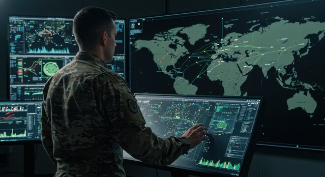 A military officer monitors global data on multiple screens in a command center environment.