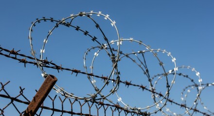 Close-up of a razor wire fence with barbed wire under a clear, vibrant blue sky.