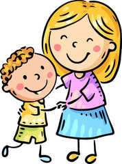 Obraz premium Mother Hugging Her Son and Smiling. Happy cartoon family clipart. Isolated illustration