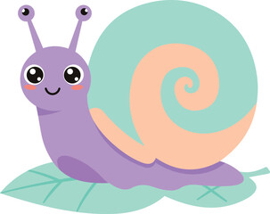 Cute Kawaii Snail Character with Oversized Swirly Shell on Tiny Leaf – Flat Minimalist Vector Illustration for Printable Stickers