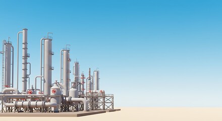 Fototapeta premium 3d cute cartoon illustration, show an industrial refinery plex with steel structures, pipelines, and towers on the left under a clear blue sky