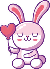 Obraz premium Minimalist Kawaii Bunny Character Hugging a Tiny Heart Balloon – Flat Vector Illustration for Printable Stickers