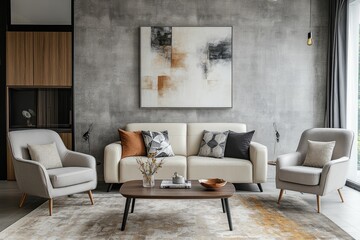 A modern living room featuring a light-colored sofa adorned with dark cushions. a wooden coffee table. and a large abstract painting. set against a textured wall with natural light