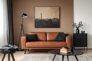 A modern living room featuring a stylish brown leather sofa. a minimalist black cabinet. and an abstract painting. with natural light streaming through the window and decorative plants