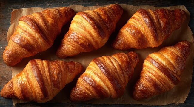 An overhead shot presents freshly baked croissants arranged neatly on a brown paper. Their golden hues and flaky texture invite a delightful culinary experience at any time of day - Powered by Adobe
