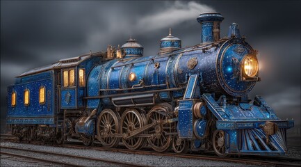 Naklejka premium A stunning fantasy train features elaborate designs and vibrant colors, moving along tracks in a whimsical landscape as dark clouds loom overhead, creating a magical atmosphere