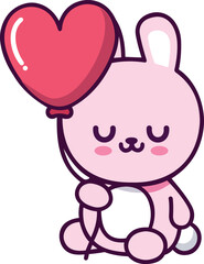 Obraz premium Minimalist Kawaii Bunny Character Hugging a Tiny Heart Balloon – Flat Vector Illustration for Printable Stickers