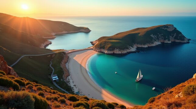A captivating shot of Cortegada Island in Spain at dawn, under sunny skies, from an aerial view.