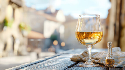 Photorealistic image of glass of mead on wooden table, showcasing its golden hue and inviting atmosphere