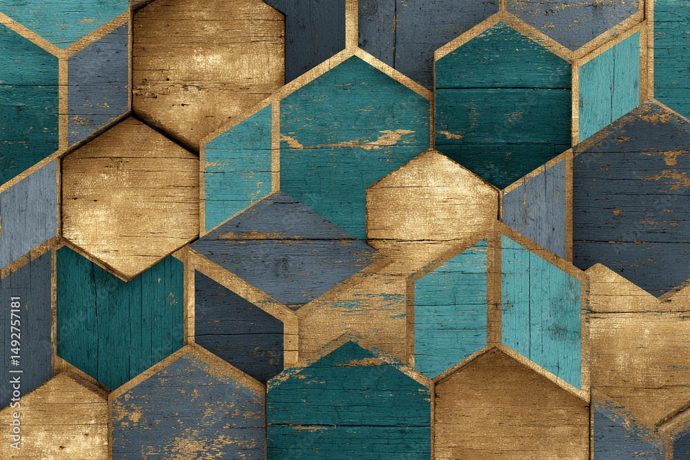 Aufkleber geometric pattern of teal, gray, and gold hexagon-shaped wood panels with a distressed texture, crea
