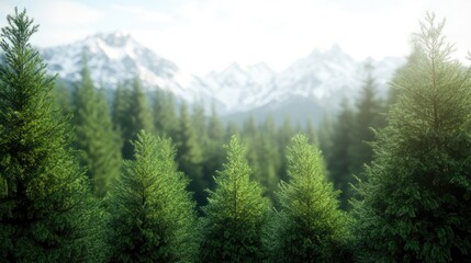 Fototapeta premium Forest scenery with snow capped mountain