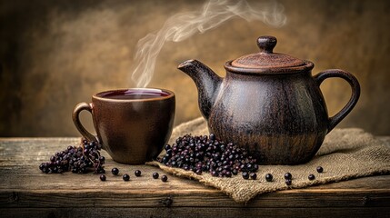 Steaming elderberry tea in rustic pottery