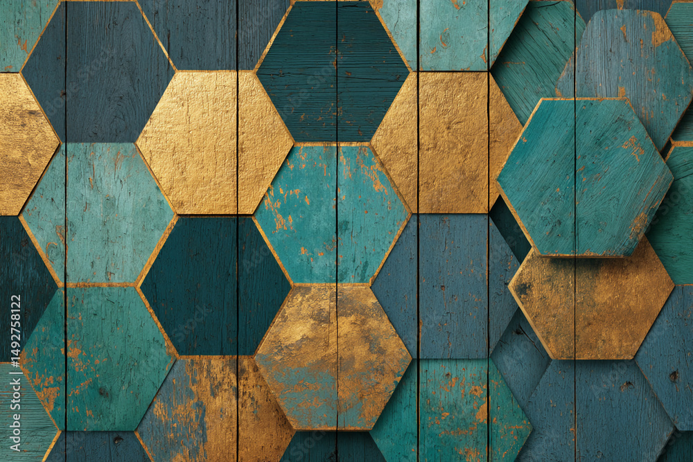 Poster Geometric pattern of teal and gold hexagonal wooden tiles, showcasing a rustic yet elegant design ideal for background or wallpaper use