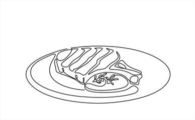 Meat with vegetables dish. meat veal, pork, beef, veal steak grill bbq and vegetable salad. One continuous line drawing. Food in a restaurant. One Line Art isolated white background.	 Editable stroke