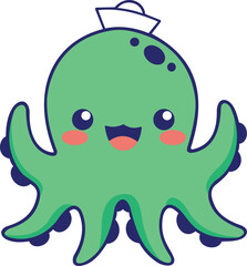 Fototapeta premium Cute Kawaii Octopus Character with Paper Sailor Hat – Smiling Flat Vector Illustration for Sticker and Printable Designs