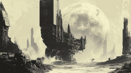 Obraz premium Desolate futuristic landscape with colossal structures and a large celestial body in the background