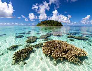 Fototapeta premium Clear shallow waters reveal intricate coral formations close to the shore, displaying the accessible marine beauty.
