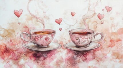 Fototapeta premium Watercolor painting of two steaming teacups adorned with rose patterns, surrounded by hearts and a romantic, misty background
