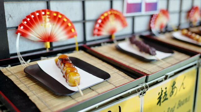 Close up of dango served on a skewer at a street food market in Japan