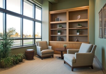Fototapeta premium A serene reading nook featuring two comfortable chairs and a wooden coffee table. surrounded by lush greenery and a well-stocked bookshelf in a cozy. inviting space