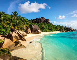 An untouched Seychelles beach with large granite boulders and crystal-clear turquoise water