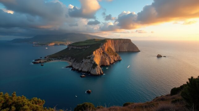 Cortegada Island in Spain at dawn with cloudy skies, captured from a panoramic perspective.