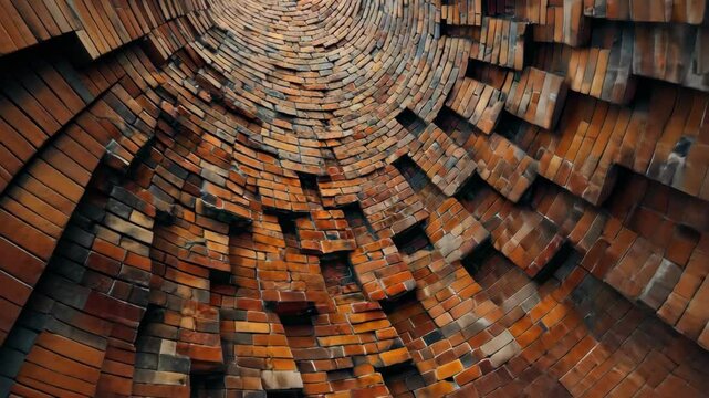 Abstract pattern of red brickwork forming a circular shape, viewed from below upwards, tunnel vision