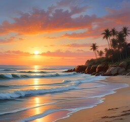 Illustration of sandy beach with amazing summer landscape.