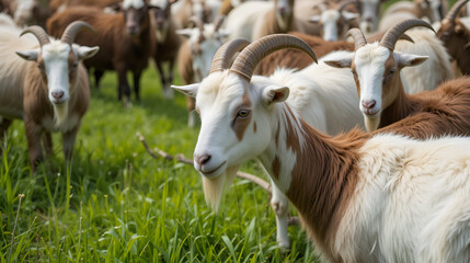 Fototapeta premium Goats.- A herd of goats, bearded goats grazing in a green meadow. they are grazing the grass. young goats with horns, a collective farm herd. Close-up. wildlife. The concept of animal husbandry on the