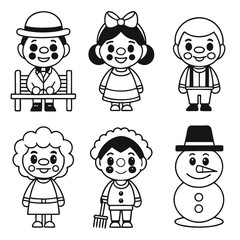 Whimsical 1960s Retro Cartoon Characters,Black and White Line Art Doodle Set