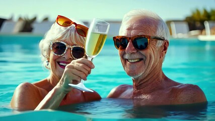 Senior Caucasian couple toasting champagne glasses in swimming pool on sunny day; poolside celebration