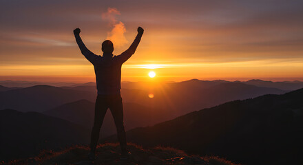 Fototapeta premium A man stands on mountain top with raised arms at sunrise. Concept of success and freedom for travel and nature theme.