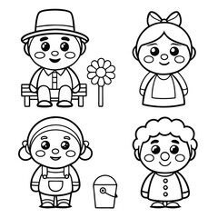Whimsical 1960s Retro Cartoon Characters,Black and White Line Art Doodle Set