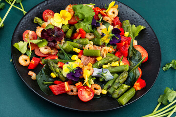 Shrimp Salad Bowl with Fresh Greens and Vegetables.