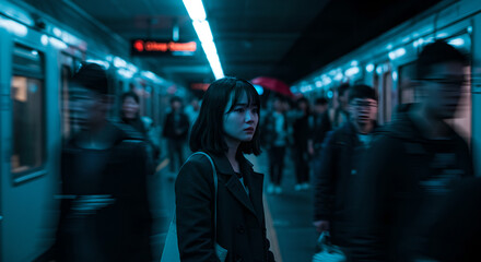 Woman stands alone on a dark subway station platform with blurred people. Urban loneliness, emotional isolation concept depicting modern life, technology, and subtle sadness in a busy crowd.