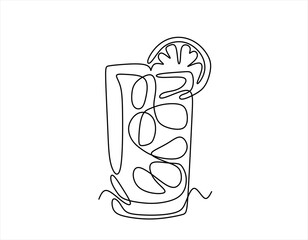Continuous one line drawing of Glass of lemonade, or cocktail with lemon. Editable stroke	