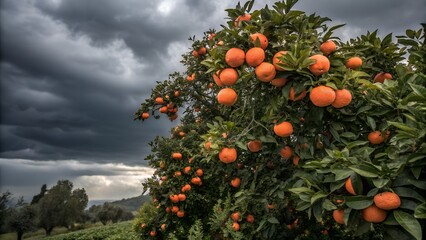 Cara Cara Orange Tree in Rainy Weather with Fresh Fruits