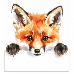 Obraz premium Curious Fox Cub Peeking Over Watercolor Sign
