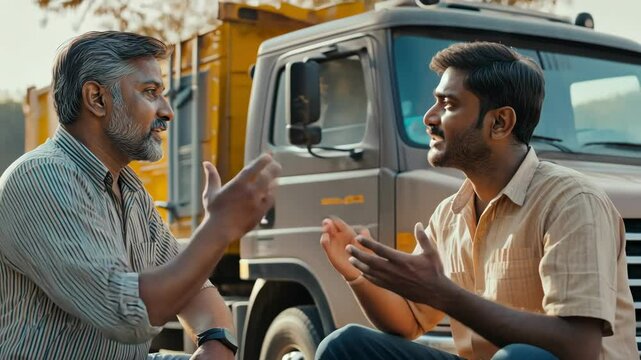 Indian man and younger Asian man discussing near industrial truck exterior during daytime 80 character
