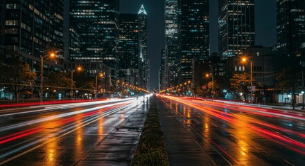 Obraz premium Night cityscape with vibrant light trails reflecting on a wet road, showcasing towering buildings on either side