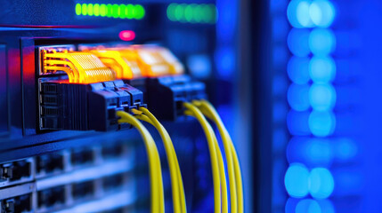 High tech fiber optic cables connected to network switch, glowing with vibrant colors, symbolize advanced telecommunication