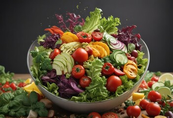 Vibrant veggies cascade into a crisp salad bowl ,  red,  colorful,  falling
