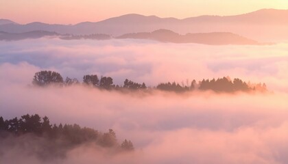 Fototapeta premium Morning mist covers mountainous landscape ethereal viewpoint serene nature scene captivating foggy environment