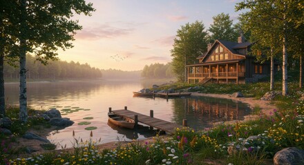 Fototapeta premium Serene lakeside cabin at sunrise, tranquil waters reflecting warm light, wildflowers blooming on shore