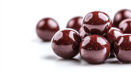 Juicy chocolate covered cherries glisten with rich, glossy finish, creating enticing treat for chocolate lovers
