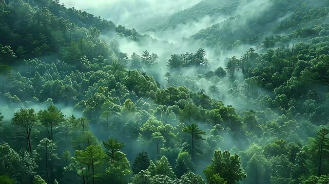 Misty forest landscape aerial view footage