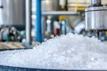High quality polymer materials manufacturing facility, showcasing pile of clear resin pellets. scene conveys sense
