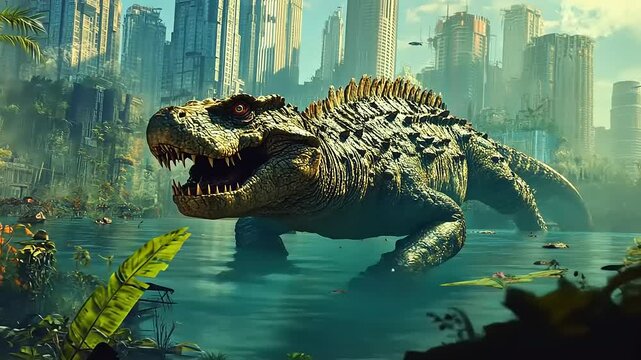Giant Crocodile in Post-Apocalyptic City