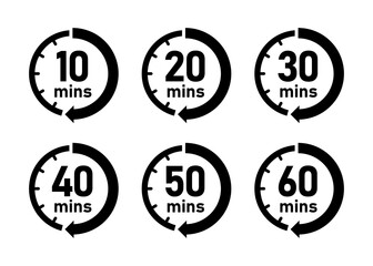 Minute timer icon set with 10, 20, 30, 40, 50 and 60 minutes logotype vector in black and white color. Timer, countdown, clock, stopwatch vector in black and white color. Flat style.