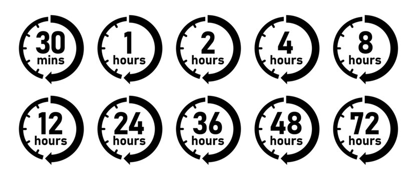 Hour timer icon set. 1, 2, 4, 8, 12, 24, 36 48, 72 hours timer clock icon vector collection. Timer, countdown, clock, stopwatch vector in black and white color. Flat style.